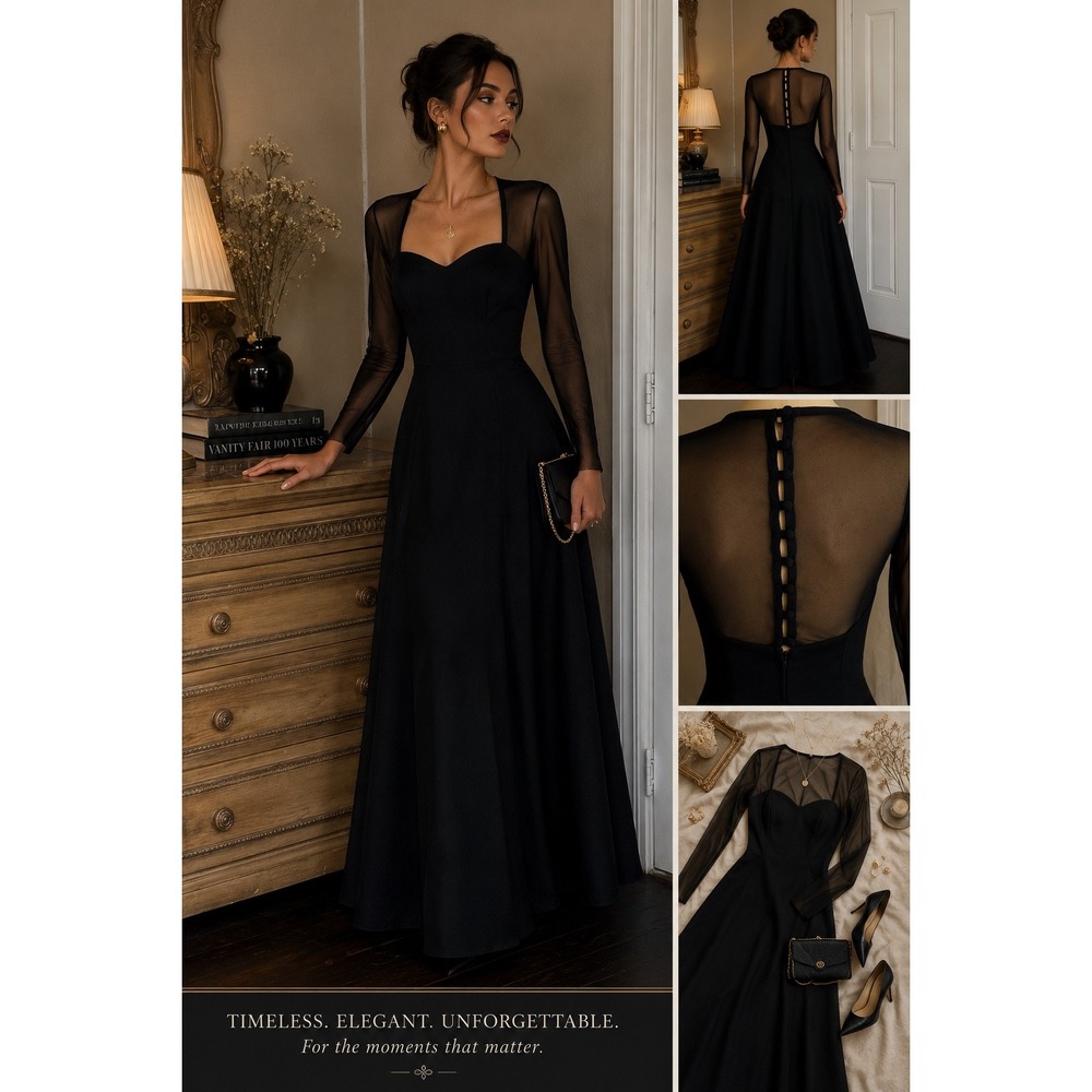 Unite Vintage Black Mesh Long Sleeve Formal Gown Sweetheart Illusion Back Dress